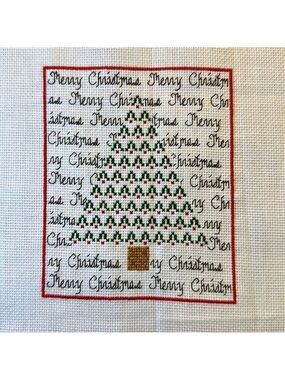 Vintage Christmas Tree + Merry Christmas Hand Cross Stitch Completed needlework